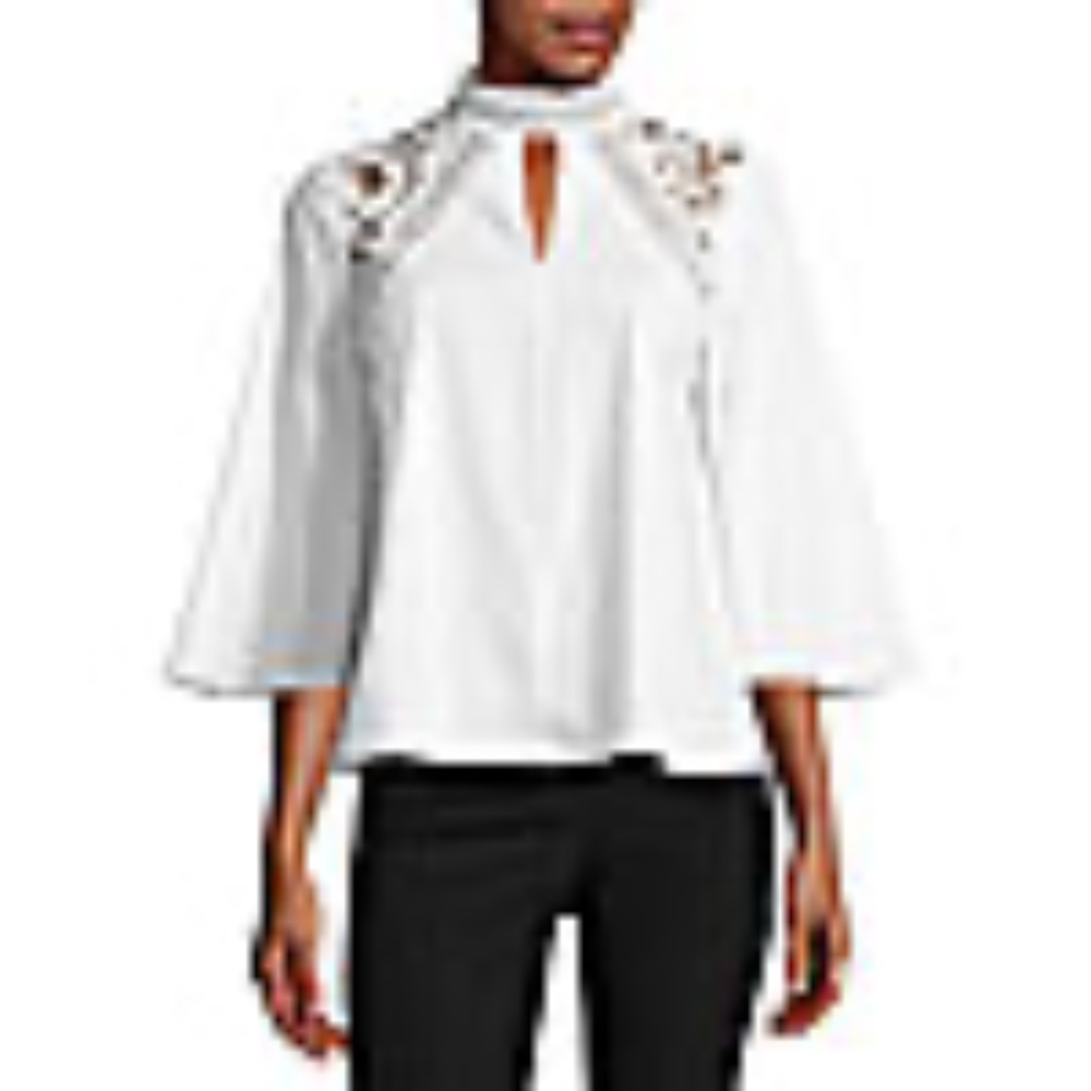 Worthington Chocker 3/4 Sleeve White lace cotton Mock Neck Shirt Petite M PM - Picture 1 of 17